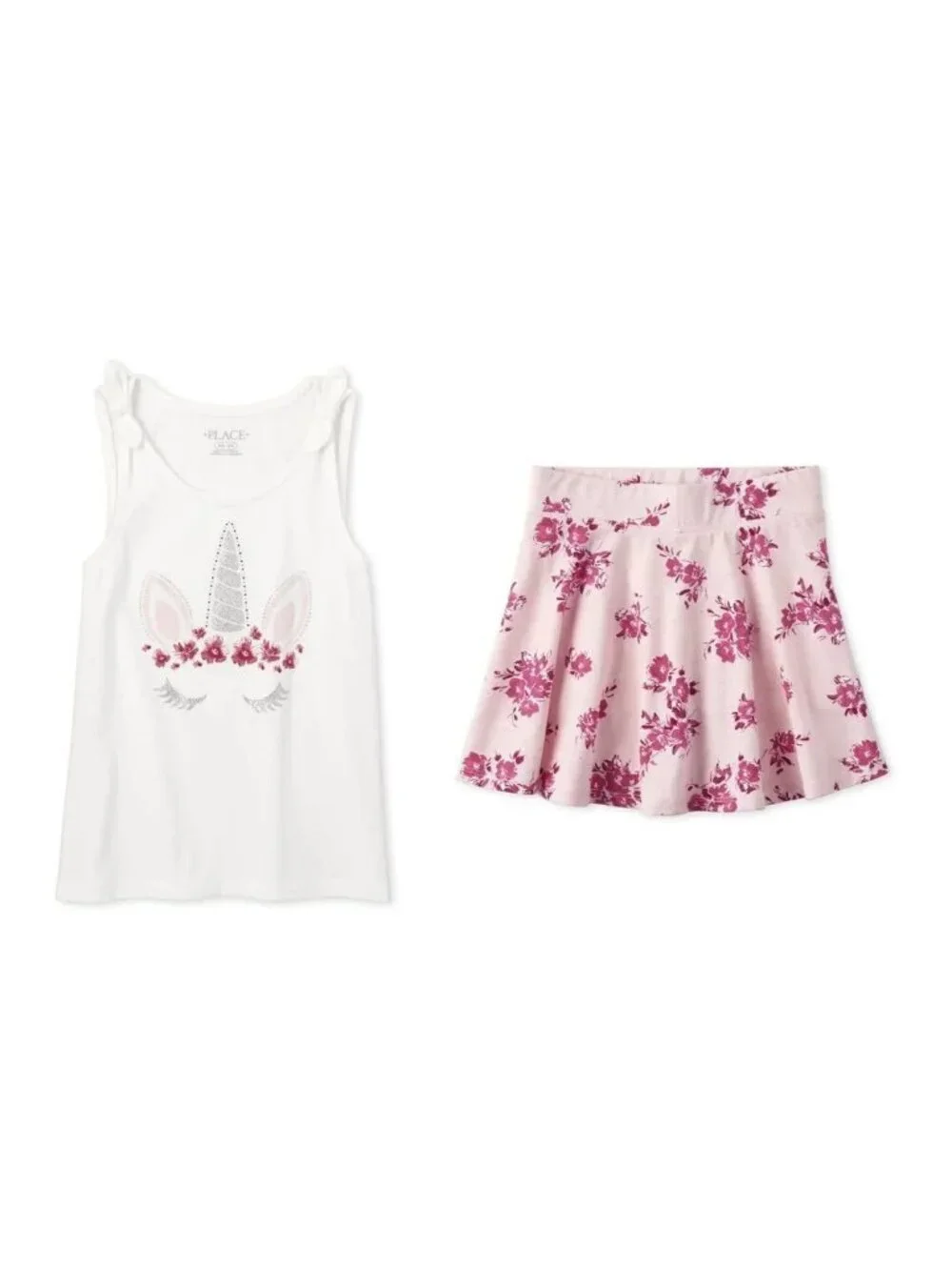 NEW The Children's Place 2 Piece set outfit Unicorn Tank Top Floral Skort Skirt - Picture 2 of 6